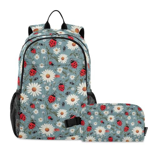 CHIFIGNO Schulrucksack mit Marienkäfer und weißen Gänseblümchen, mit isolierter Lunchtasche, Mittelschule, Tagesrucksack, Kinder Schultasche von CHIFIGNO