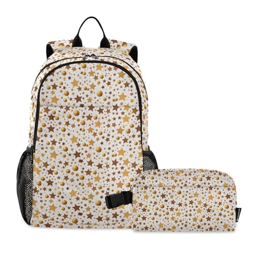CHIFIGNO Schulrucksack mit goldenen Sternen und Bällen für Kinder, mit Lunchbox, für Mädchen, Jungen, Teenager, Laptop-Rucksack, Schulbüchertaschen von CHIFIGNO