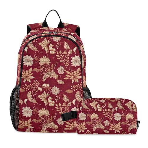 CHIFIGNO Schulrucksack mit isolierter Brotdose für Mädchen und Jungen, Vintage-Design, Rot, für Grundschüler, Schulbüchertasche von CHIFIGNO