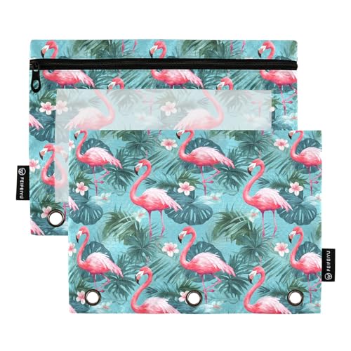 CHIFIGNO Stifteetui mit 3 Ringen, Palmblätter, rosa Flamingos, Blumen, Bleistifttasche, Kosmetiktasche mit transparentem Fenster für Bürobedarf, 2 Stück von CHIFIGNO