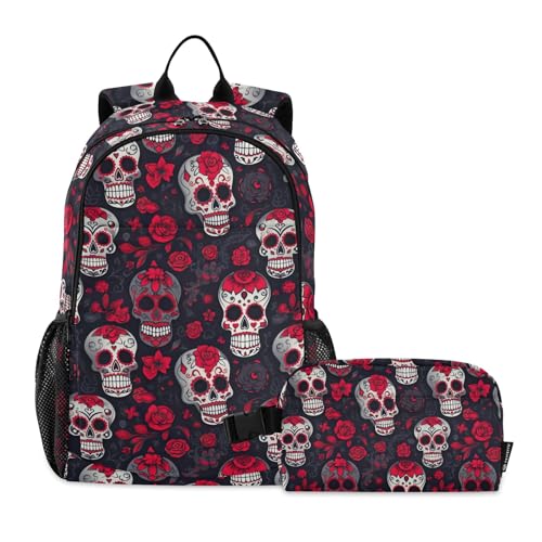 CHIFIGNO Sugar Skulls Kinder Schulrucksack Schulranzen Set mit Lunchbox Mittelschule Tagesrucksack Rot Blumen von CHIFIGNO