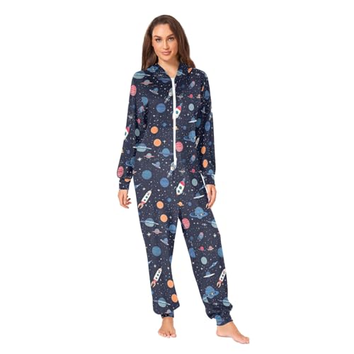 CHIFIGNO Unisex Erwachsene Einteiler Pyjama Lustiger Pyjama für Damen Herren Cartoon Weihnachten Nachtwäsche Einteiler Outfit Loungewear, Cartoon-Weltraum mit Planeten, S von CHIFIGNO