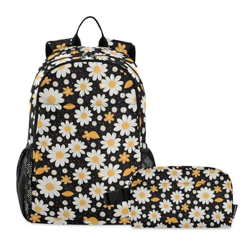 CHIFIGNO Vintage Gänseblümchen Blumen Kinder Rucksack Jungen Mädchen Schulranzen Set mit Lunchtasche Niedlicher Rucksack von CHIFIGNO