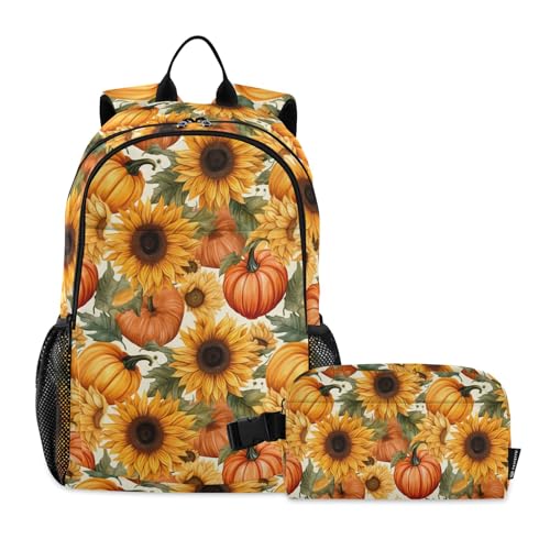 CHIFIGNO Vintage Herbst Kürbisse und Sonnenblumen Kinder Rucksack mit Lunchbox, Reise-Büchertasche, Schulbuchtaschen von CHIFIGNO