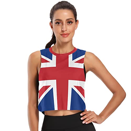 Damen Crop Top Blau Weiß Batikfärbung Workout Top Casual Crop Tops für Frauen, Union Jack Design, Klein von CHIFIGNO