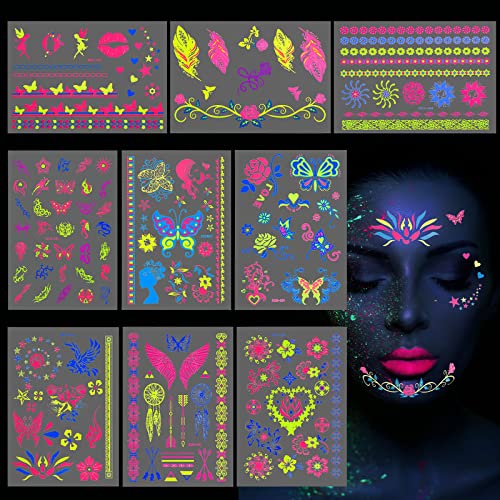 CHIFOOM 9STK Neon Tattoos Schwarzlicht Party Temporäre Tattoo Leuchtend im Dunkeln Schwarzlicht Schminke Halloween Gesichtstattoo Glitzer Gesicht für Festival Karneval Fasching CHIFOOM 9STK Neon Tattoos Schwarzlicht Party Temporäre Tattoo Leuchtend im Dunkeln Schwarzlicht Schminke Halloween Gesichtstattoo Glitzer Gesicht für Festival Karneval Fasching von CHIFOOM