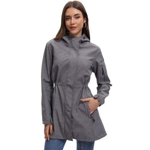 CHIGUO Damen Leichte Wasserdichte Softshell Regenjacke Winterjacke Fleece Übergangsjacke Lange Funktionsjacke mit Kapuze von CHIGUO