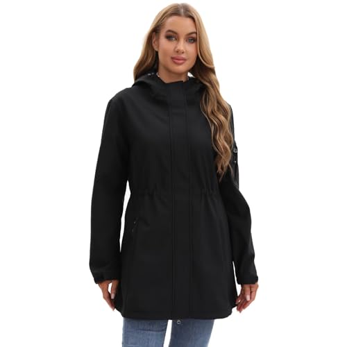 CHIGUO Damen Leichte Wasserdichte Softshell Regenjacke Winterjacke Fleece Übergangsjacke Lange Funktionsjacke mit Kapuze von CHIGUO