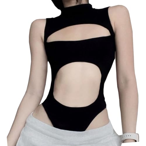CHILIRIA Ausgehöhlte Outfits Schwarzer Y2k Rave Bodysuit Rollkragen Cut Out Bodysuit Ärmellos Club Goth Dessous Einteiler von CHILIRIA