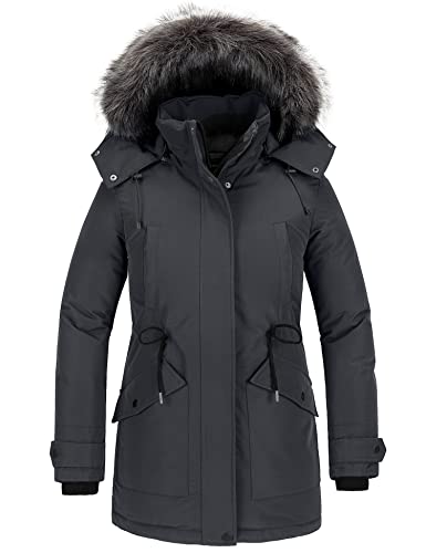 CHIN·MOON Damen Winter Warm Mantel Winddichte Pufferjacke Lang Outdoor Parka Gesteppte Verdickte Jacke mit Kunstpelz Kapuze Dunkelgrau M von CHIN·MOON