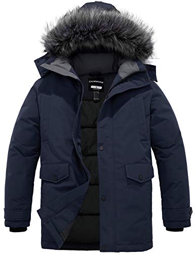 CHIN·MOON Herren Winter Warm Mantel Winddichte Pufferjacke Lang Outdoor Parka Gesteppte Verdickte Jacke mit Kunstpelz Kapuze Blau M von CHIN·MOON