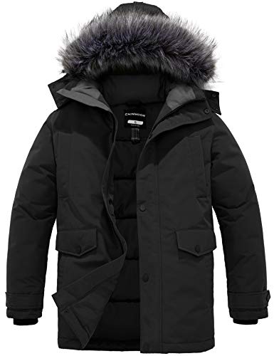 CHIN·MOON Herren Winter Warm Mantel Winddichte Pufferjacke Lang Outdoor Parka Gesteppte Verdickte Jacke mit Kunstpelz Kapuze Schwarz M von CHIN·MOON