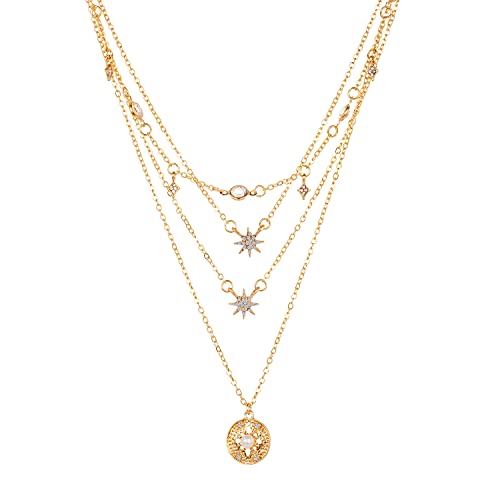 Vintage Böhmische Damen Mehrreihige Kette Gold mit Stern Anhänger für Frauen Mädchen,4 Reihig Retro Strass Mode Schmuck Boho Halskette Necklace Choker Geburtstag Geschenke für Freundin Mutter Frau von CHINPING
