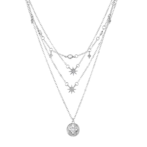 Vintage Böhmische Damen Mehrreihige Kette Silber mit Stern Anhänger für Frauen Mädchen,4 Reihig Personalisierter Strass Mode Schmuck Boho Halskette Choker Geburtstag Geschenk für Freundin Mutter Frau von CHINPING