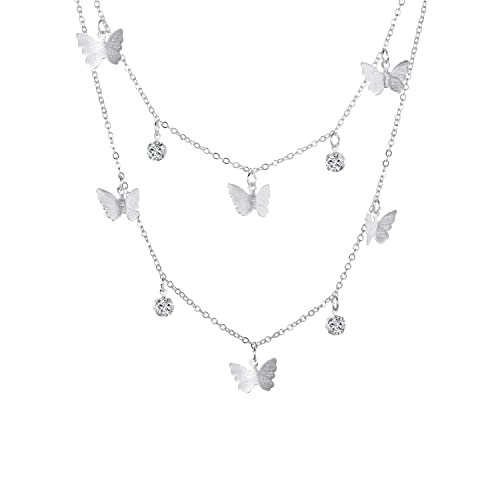 Vintage Zweireihig Halskette mit Schmetterling Anhänger Silber für Frau Frauen Mädchen Damen,Boho Mehrreihige 2 Reihig Retro Butterfly Necklace Choker Kette Mode Schmuck Freundin Mutter Geschenke von CHINPING