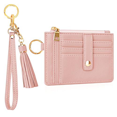 CHIWUTECH Wristlet Keychain Wallet, Leather Wrist Bracelet Strap Purse Slim RFID Pocket Credit Card Holder with Lanyard, Tassel & Key Ring, Small Compact Zip ID Case for Women, Helles Pink, Freizeit von CHIWUTECH