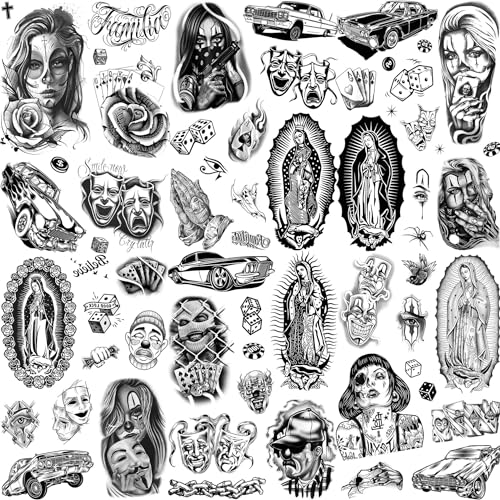 6 Blatt Chicano Temporäre Tattoos Damen Frauen Männer Herren Erwachsene, Halloween Gesichts Make up Set Schwarz Chicana Guadalupe Fake Klebetattoos Tattoo Aufkleber Gothic Mexiko Tatoos Festival von CHIZIRU