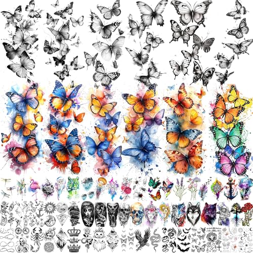 68 Blätter Realistisch Schmetterlings Temporäre Tattoos Frauen Mädchen Klebetattoos Erwachsene, Bunt Halbarm 3D Schwarz Schmetterling Fake Tattoos Zum Aufkleben Auf Die Haut Festival Accessoires von CHIZIRU