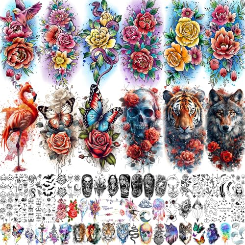 69 Blatt Aquarell Rose Blume Temporäre Tattoos Frauen Mädchen Klebetattoos Erwachsene, Flamingo Halbarm Fake Zum Aufkleben Pfingstrose Blumen Wasserfarbe Totenkopf Tiger Tattoo Aufkleber Schmetterling von CHIZIRU