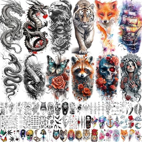 70 Blätter Bunt Fuchs Waschbär Temporäre Tattoos Damen Männer Klebetattoos Erwachsene, Halloween Aquarell Drachen Schädel Wolf Fake Tattoos Zum Aufkleben Frauen Herren Schmetterling Tiger Skorpion von CHIZIRU
