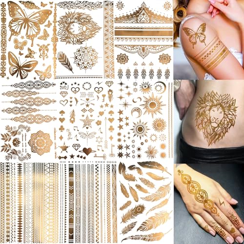9 Blatt 111+ Festival Gold Temporäre Tattoos Aufkleben Damen Frauen Mädchen, Flash Glitzer Goldene Tattoos Metallic, Festival Accessoires Party Zubehör Tattoo Aufkleber Haut Klebetattoos Erwachsene von CHIZIRU