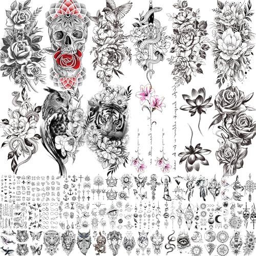 CHIZIRU 66 Blätt 3D Eule Tiger Blume Temporäre Tattoos Damen Frauen Mädchen, Groß Schädel Lotus Schlange Fake Tattoos Zum Aufkleben Klebetattoos Erwachsene, Rose Blumen Klebe Tattoo Aufkleber Festival von CHIZIRU