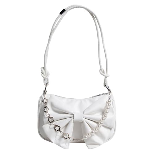 CHIZISX Anspruchsvolle Damen Unterarmtasche mit Perlen Schleifen Detail PU Leder Handtasche Schulter Geldbörse für den täglichen Gebrauch Verstellbarer Riemen Satchel, weiß, One Size von CHIZISX