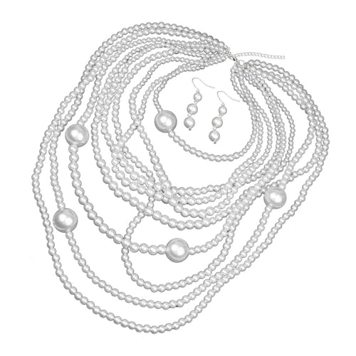 CHIZISX Elegantes, mehrschichtiges Perlen-Halsketten- und Ohrring-Set, Kunstperlen, Textur, Damenschmuck-Set für verschiedene Anlässe, Einheitsgröße, Kunstperle, Kein edelstein von CHIZISX