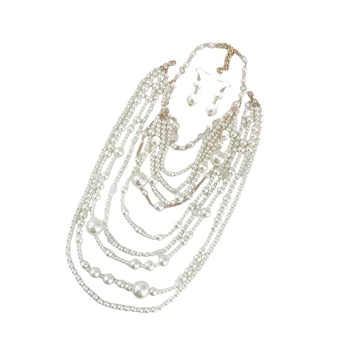 CHIZISX Elegantes Set aus mehrschichtiger Perlenkette und Ohrringen für Frauen mit handgefertigten Perlen und modischen Designs, Einheitsgröße, Kunstperle, Kein edelstein von CHIZISX