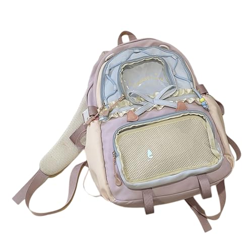 CHIZISX Kontrastfarbe Buchbeuteltasche Rucksack Gekräuseltes Spitzdetail Mehrere Taschen Geräumige Frauen Und Mädchen Wasserfest Nylon Polyester Kontrast Farbbuchs Beutel Rucksack von CHIZISX
