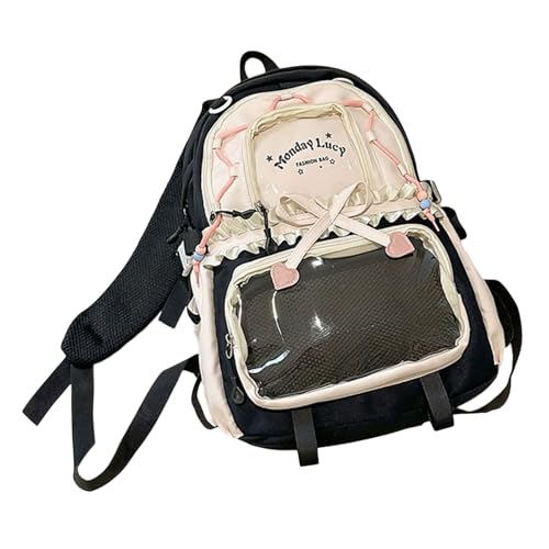 CHIZISX Kontrastfarbe Buchbeuteltasche Rucksack Gekräuseltes Spitzdetail Mehrere Taschen Geräumige Frauen Und Mädchen Wasserfest Nylon Polyester Kontrast Farbbuchs Beutel Rucksack von CHIZISX