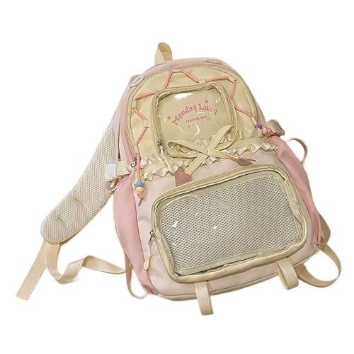 CHIZISX Kontrastfarbe Buchbeuteltasche Rucksack Gekräuseltes Spitzdetail Mehrere Taschen Geräumige Frauen Und Mädchen Wasserfest Nylon Polyester Kontrast Farbbuchs Beutel Rucksack von CHIZISX