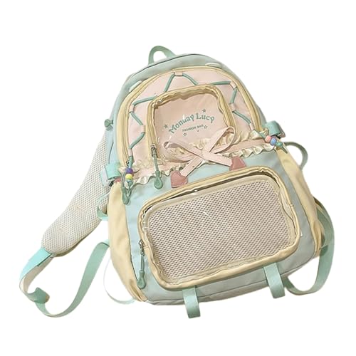 CHIZISX Kontrastfarbe Buchbeuteltasche Rucksack Gekräuseltes Spitzdetail Mehrere Taschen Geräumige Frauen Und Mädchen Wasserfest Nylon Polyester Kontrast Farbbuchs Beutel Rucksack von CHIZISX