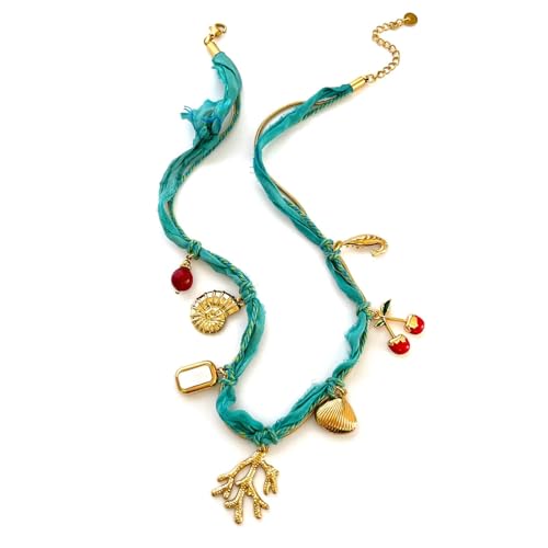 CHIZISX Verstellbare Strand-Halskette, mehrlagiges Stoff-Design, Muschel-, Obst-Anhänger, Halskette für lässiges Styling, Muschel, Muschelanhänger, Schmuck von CHIZISX