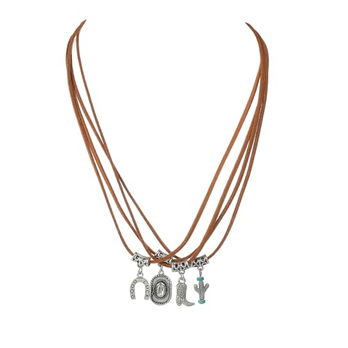 CHIZISX Vintage Western Styles Mehrschichtige Anhänger Halskette für Damen und Mädchen aus braunem Leder mit raffinierten Akzenten, Einheitsgröße, Metall, Kein Edelstein von CHIZISX