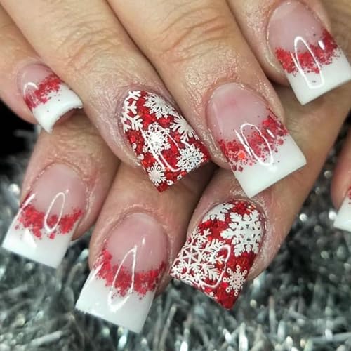 Weihnachten Full Covers Stick On Nails French Tip Press on Nails Short Square False Artificial Short Press Christmas False French Tip Full Cover Stick von CHIZISX