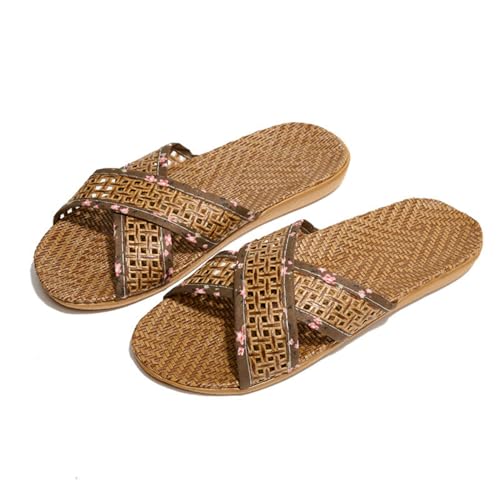 CHJING Sommerhausschuhe damen Rattan Gras Gewebte Hausschuhe, Sommer Sandalen, Atmungsaktive Casual Hausschuhe, Home Flat Männer Und Frauen Hausschuhe, Paar Leinen Schuhe-Weiblich E-35/36 von CHJING