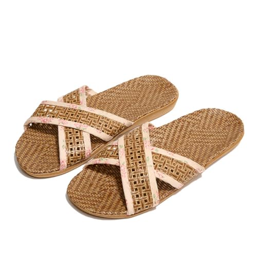 CHJING Sommerhausschuhe damen Rattan Gras Gewebte Hausschuhe, Sommer Sandalen, Atmungsaktive Casual Hausschuhe, Home Flat Männer Und Frauen Hausschuhe, Paar Leinen Schuhe-Weiblich G-37/38 von CHJING