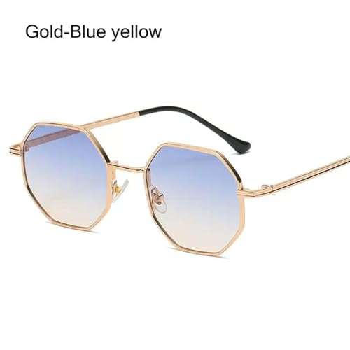 CHJING Sonnenbrille Herren Polygon Sonnenbrille Metall Sonnenbrille Kleine Rahmen Quadratische Sonnenbrille Für Männer Frauen Uv -Schutz-Goldblau Gelb von CHJING