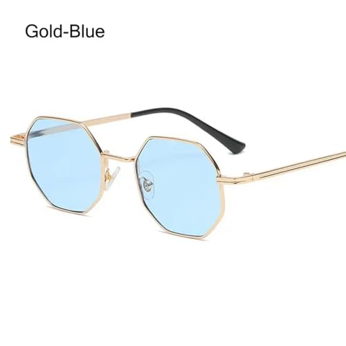 CHJING Sonnenbrille Herren Polygon Sonnenbrille Metall Sonnenbrille Kleine Rahmen Quadratische Sonnenbrille Für Männer Frauen Uv -Schutz-Goldblau von CHJING