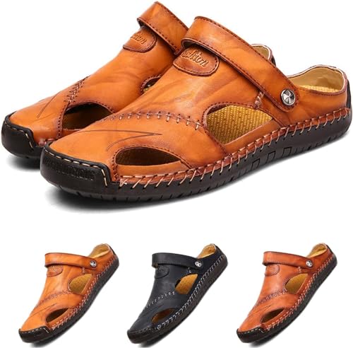 CHJJZXBF Große, atmungsaktive Outdoor-Sandalen aus weichem Leder für Herren, geschlossene Herrensandalen aus Mutlon-Leder für Herren,44,Brown von CHJJZXBF