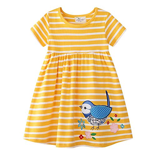 Baby Mädchen Kleid aus Baumwolle, Rundhalsausschnitt, kurze Ärmel, gestreift, Gittermuster Gr. Höhe: 120 cm(6 Jahre), gelb von CHJUZI