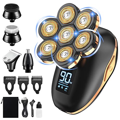 Glatzen Rasierer Herren 7D, CHLANT Rasierer Herren Elektrisch 5 in 1 Kopfrasierer Glatze USB Wiederaufladbar Rotationsrasierer Nass und Trockenrasierer Elektrorasierer Herren Pflegeset mit LED Display von CHLANT