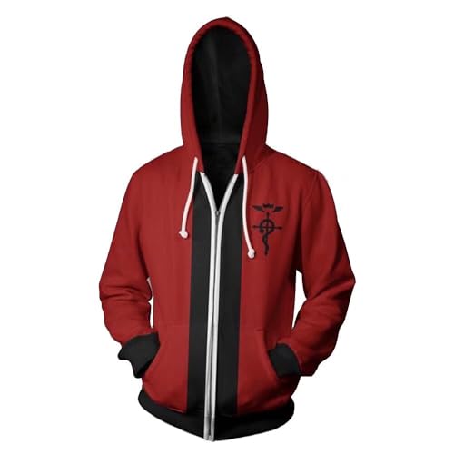 CHLOBLOM Edward Elric Cosplay Kostüm 3D Hoodie Reißverschluss Jacke Pullover Sweatshirt, farbe 1, XX-Large von CHLOBLOM