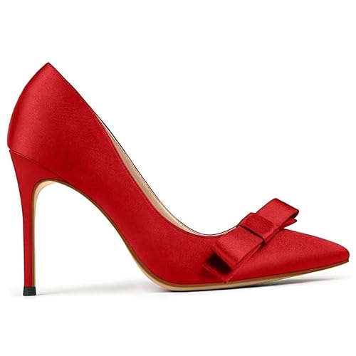 【Sie müssen die Länge Ihrer Füße vor der Bestellung messen】 Damen Pumps High Heel Spitz Geschlossene Zehen Bowknot 68-CHC-19, Rot E, 37 EU von CHMILE CHAU