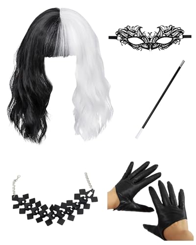 CHMMY Cruella kostüm damen Karneval Cruella devil 20er jahre Accessoires Cosplay cruella Perücke mit Spitze Maske Lederkette und Lederhandschuhe Cruella kostüm für Halloween Fasching Karneval von CHMMY