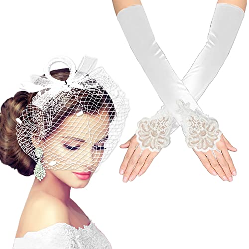 CHMMY Faszinator Hut Gefieder Schleier Damen Handschuhe Satin Classic Opera Fest Party Damen Fascinators Hut Cocktail Party Handschuhe Halloween von CHMMY