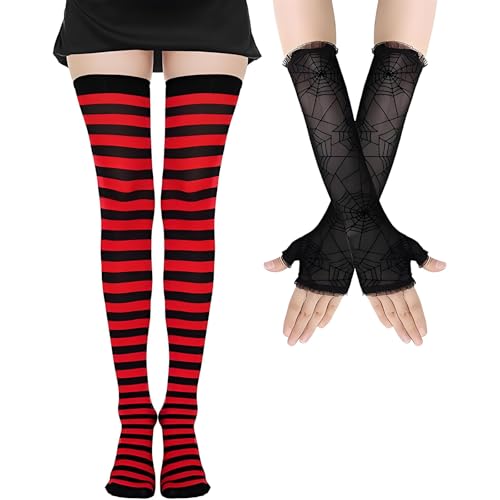 2 Paar Halloween Strümpfe Halloween Handschuhe Fingerlos, Gestreifte Kniestrümpfe Overknee Strümpfe, Spinnennetz Fingerlose Handschuhe, Oberschenkelhohe Socken für Karneval Cosplay von CHONGQILAO