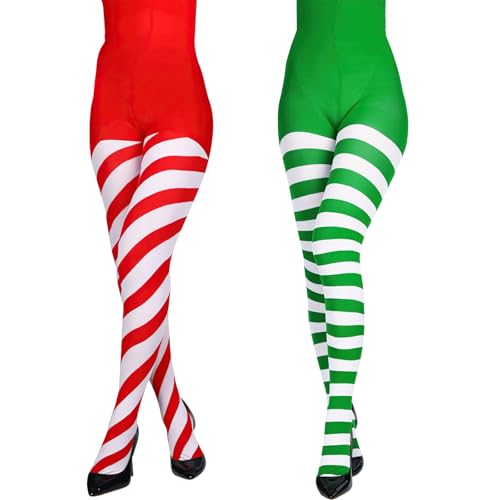 2 Stück Rot Grün Gestreifte Strumpfhose, Ringelstrumpfhose Damen Weihnachts Strumpfhose Gestreift, Rot Grün Ringel Strumpfhosee für Halloween Weihnachten Karneval Faschings kostüme Accessoire (B) von CHONGQILAO
