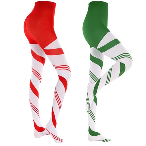 2 Stück Rot Grün Gestreifte Strumpfhose, Ringelstrumpfhose Damen Weihnachts Strumpfhose Gestreift, Rot Grün Ringel Strumpfhosee für Halloween Weihnachten Karneval Faschings kostüme Accessoire (A) von CHONGQILAO